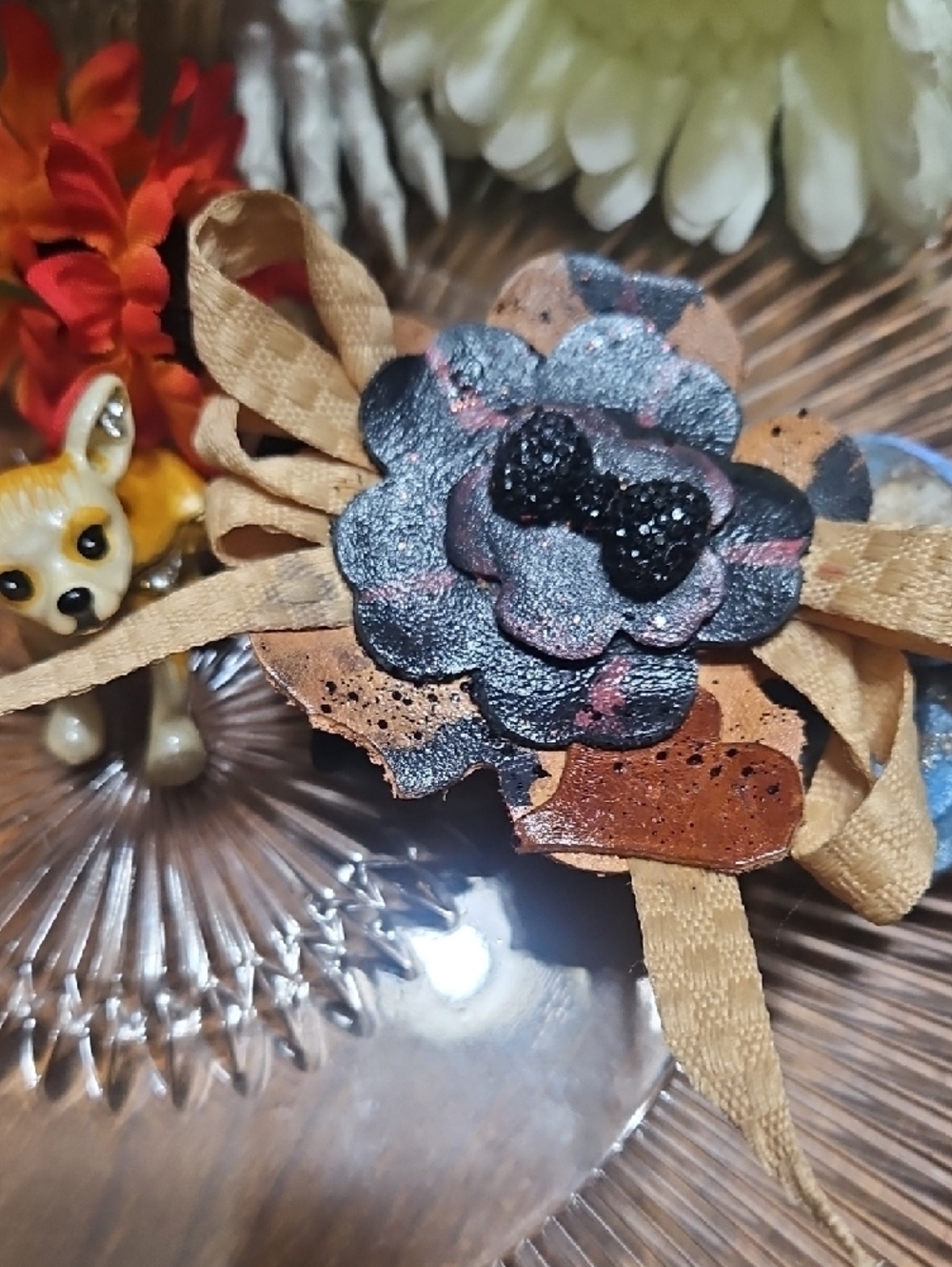 Hand Crafted Genuine Leather Floral Dog Bow Charm NEW Gifted